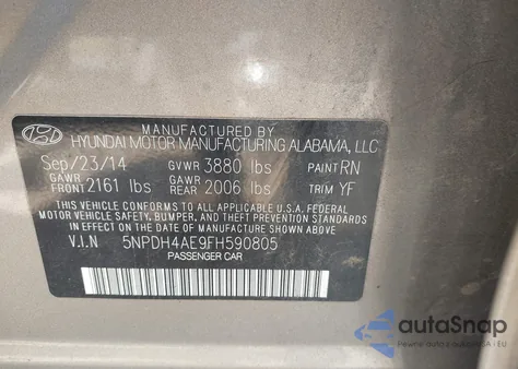 2015 Hyundai Elantra Se from USA, damaged, VIN 5NPDH4AE9FH590805